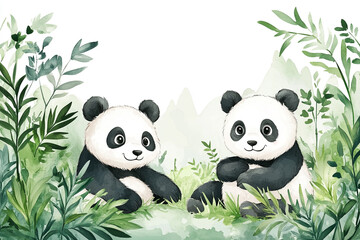 Fototapeta premium Two Adorable Panda Bears Sitting In Lush Greenery