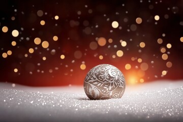 Decorative Christmas ornament on snow with warm bokeh lights in the background during winter season
