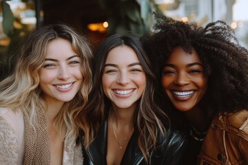 Obraz premium Three happy smiling young women posing together outdoors
