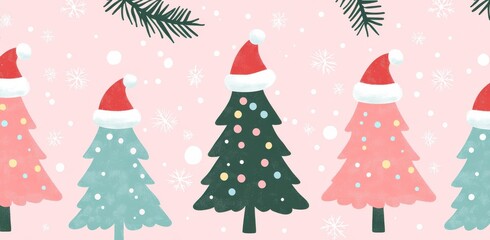 Obraz premium Charming Christmas tree pattern with pastel pink background and festive Santa hats