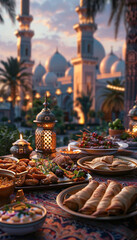 Fototapeta premium Photorealistic image of a traditional Iftar spread laid out in an open courtyard