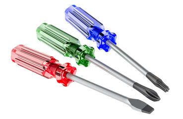 Colored flat head, square and torx screwdrivers. 3D rendering isolated on transparent background