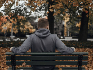 Fototapeta premium Hombre sentado en un banco del parque, perdido en sus pensamientos, con hojas de otoño a su alrededor 