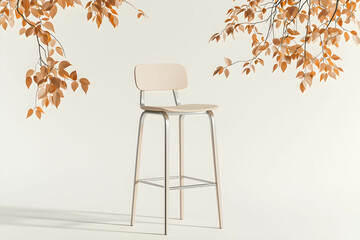 Modern minimalist wooden stool with a light finish against a soft background adorned with autumn leaves creating a warm and inviting atmosphere for design projects