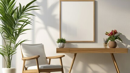 Design home interior of living room with stylish chair, wooden desk, plants, flowers, mock-up poster frame, and elegant accessories