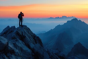 Fototapeta premium Photographer capturing breathtaking mountain sunrise on top of rocky peak