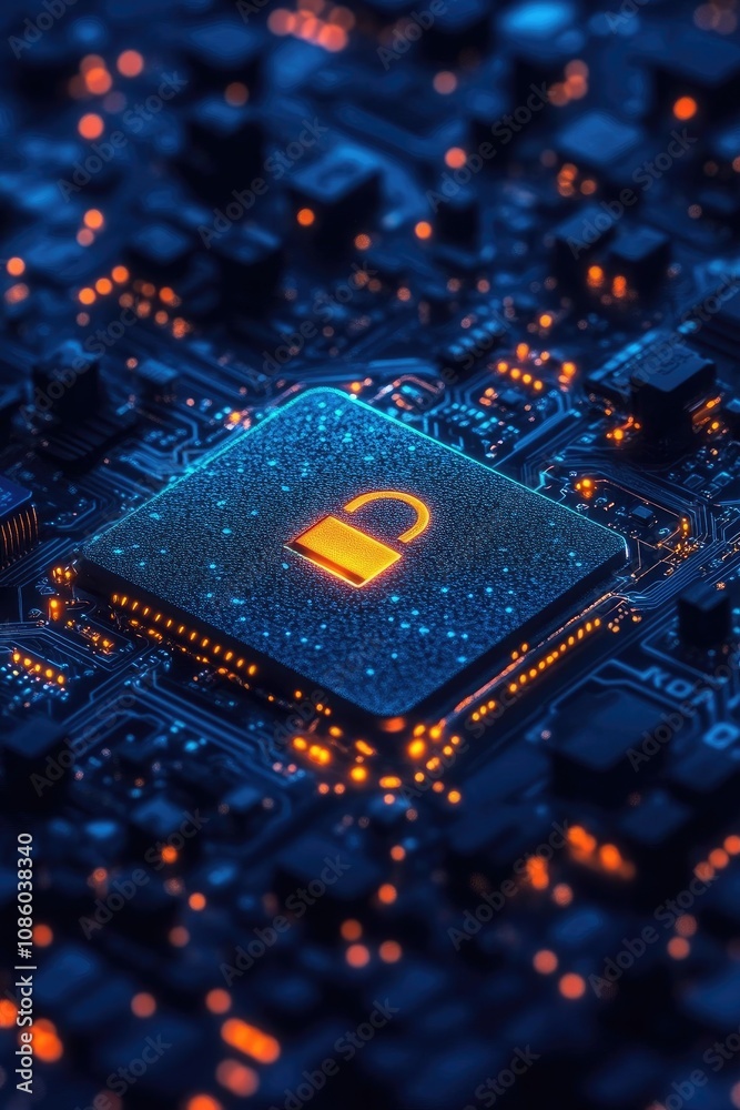 Aufkleber Cybersecurity and data protection: glowing padlock icon on computer motherboard symbolizing secure system