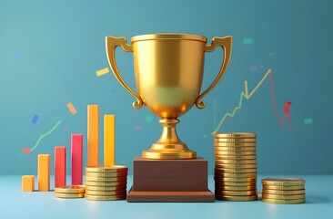 Golden cup on the background of a histogram and an arrow, successes and achievements