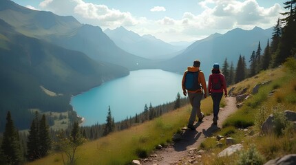 Fototapeta premium Shot of a couple going for a hike up the mountain, hiking or climbing woman and man together with backpack nature lifestyle summer tourist vacation family sport day park lake in the background