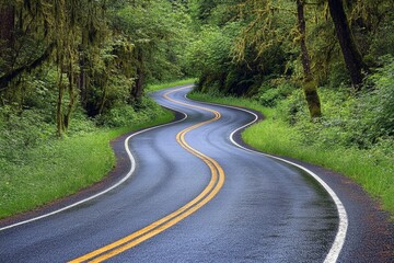 Fototapeta premium Winding road through lush green forest after rain