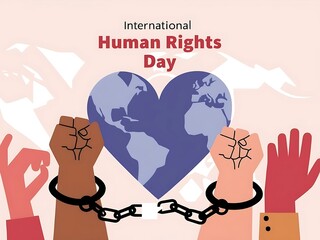 Hands chained together around a heart shaped world for human rights day