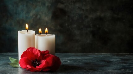 Three candles are lit on a table with a red flower in the foreground