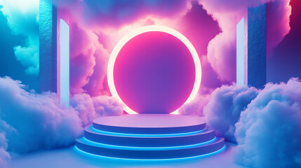 Futuristic neon circle with pink and blue lights surrounded by clouds, creating a surreal and dreamy atmosphere on a floating platform.