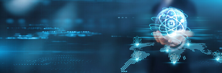 Hand holding with global network connection on quantum computing, artificial intelligence, machine learning, blockchain, cybersecurity, and data analytics; technology and futuristic advancements.