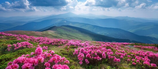 Pink Rhododendrons Bloom in Mountain Landscape