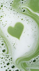 Green matcha latte with heart pattern swirls in creamy foam on a light background
