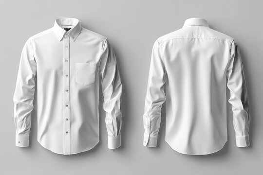 White long sleeved shirt hanging on gray background showing front and back