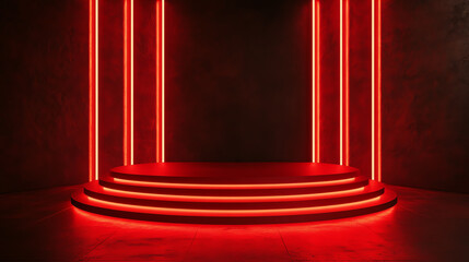 Red neon illuminated stage with circular steps and vertical light bars in an empty dark room, creating a futuristic and dramatic ambiance.