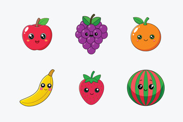 Fruits with face Color Vector Illustration Bundle For kids, Kids Book, Kids Animation.
