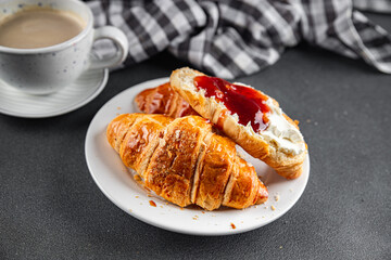 Croissant with jam French toast fresh tasty food dish Delicious gourmet food background on the table rustic food top view copy space