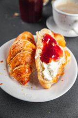 Croissant with jam French toast fresh tasty food dish Delicious gourmet food background on the table rustic food top view copy space