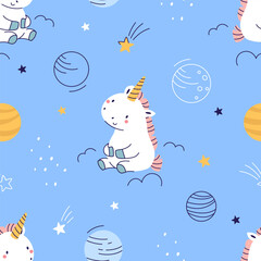 Seamless pattern with a unicorn in space, cute children's background for printing on fabric, wrapping paper, children's products. Vector illustration