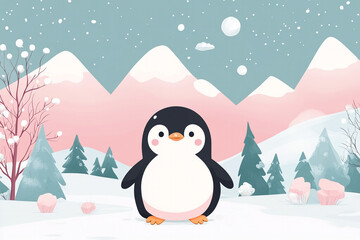 Naklejka premium Adorable Penguin in a Snowy Winter Mountain Landscape