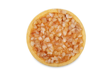 Cheesecake with caramelized cinnamon apple slices on a white isolated background