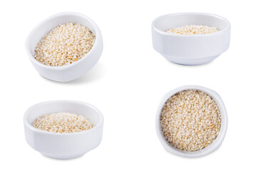 Sesame seeds in a white bowl on a white isolated background