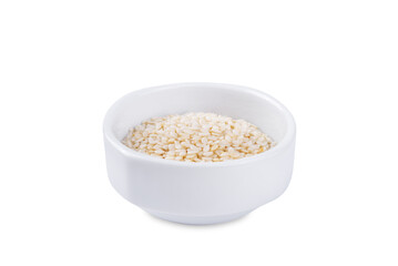 Sesame seeds in a white bowl on a white isolated background