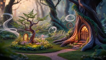 Fototapeta premium Magical fantasy illustration featuring an enchanting treehouse and whimsical tree, surrounded by a lush forest