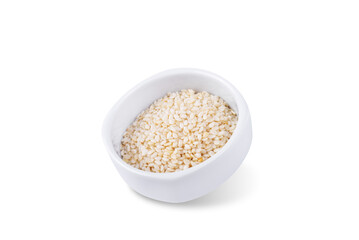 Sesame seeds in a white bowl on a white isolated background