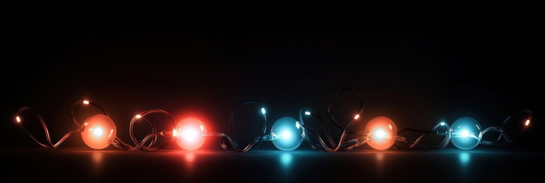 Set of three abstract glowing Christmas lights with gradients from neon coral to neon sky blue, softly lit against a black background, adding a chic festive vibe