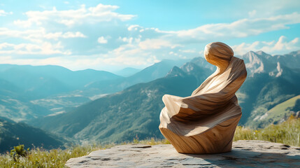 A Captivating View of Majestic Mountains with a Modern Wood Sculpture Embracing Minimalism in Design