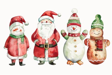 Obraz premium Watercolor christmas characters: santa, snowman, gingerbread art