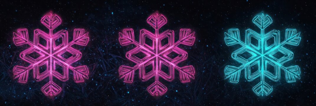 Set of three abstract snowflakes glowing with gradients of neon pink and neon turquoise, delicately illuminated on a deep midnight canvas - Powered by Adobe