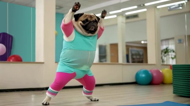 Funny pug dog doing fitness training in gym, wearing fitness outfit. Funny pet doing warm up exercise aerobics cardio train for overweight problem, chubby cute dog body. Funny pet dog sport concept