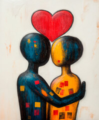 Two abstract figures embracing under a red heart, symbolizing love and connection.  .