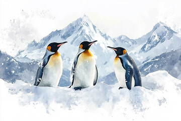Fototapeta premium Three King Penguins Standing on Snow Mountain Background
