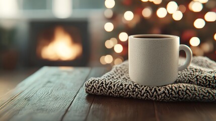 Cozy Warm Coffee Mug on a Knitted Blanket in Front of a Fireplace with Christmas Tree Lights Creating a Festive Atmosphere for Winter Holidays