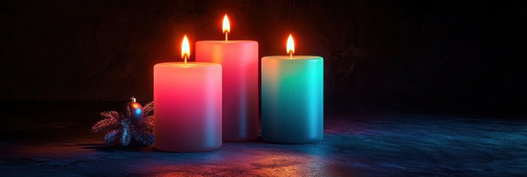 Set of three glowing Christmas candles with gradients from neon pink to neon teal, subtly illuminated on a dark background