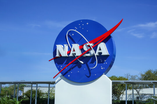 NASA sign at the Kennedy Space Center Visitor Complex in Cape Canaveral, Florida.