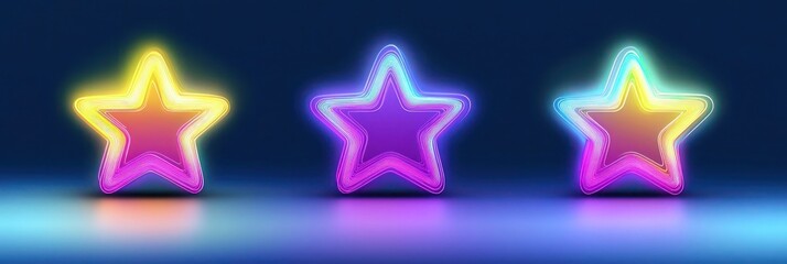 Obraz premium Set of three glowing star designs with gradients from bright yellow to neon purple, softly illuminated on a midnight blue background