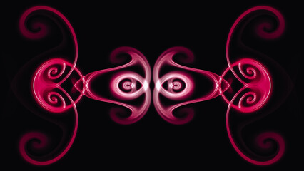 Unique abstract symmetrical patterns of glowing neon liquid lines, shapes and swirls on a dark background, copy space in the center. Pink color