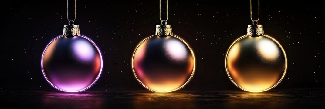 Set of three minimalist Christmas ornaments with gradient glows from neon lavender to neon gold, set against a black background with a halo effect