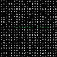 many white letters randomly forming the phrase PASSWORD FOUND in green color on a black background