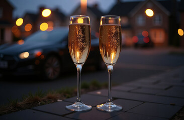 Elegant evening toast with champagne glasses on a city street, a car on a background