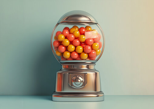 Vintage gumball machine with colorful bubblegum against pastel background