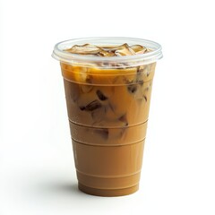 Refreshing Iced Coffee Beverage in Clear Plastic Cup with Ice Cubes Perfect for Hot Summer Days Ideal for Cafes, Restaurants, and Food Photography