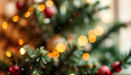 A blurred photo background featuring holiday lights and lush greenery, creating a warm, festive atmosphere perfect for seasonal projects.